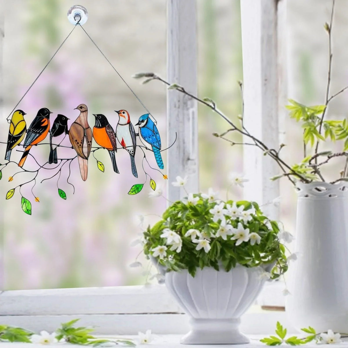 Glasdekoration Med Fuglemotiv Og Daglig Farverig Lysrefleksion