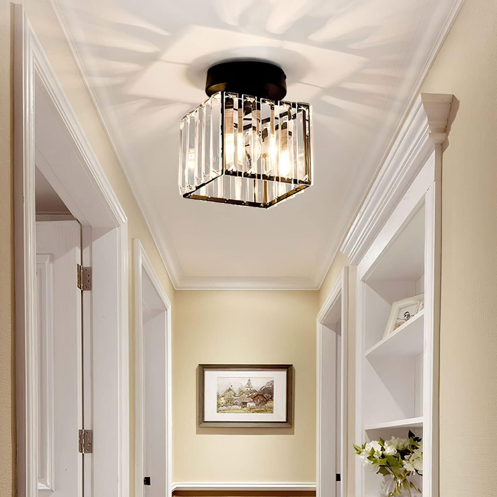 Kvadratisk Loftlampe i Messing med Krystalglas