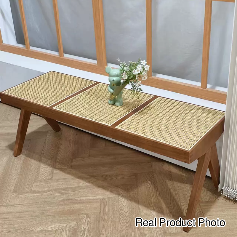 Bænk i gummitræ med håndvævet kunstig rattan