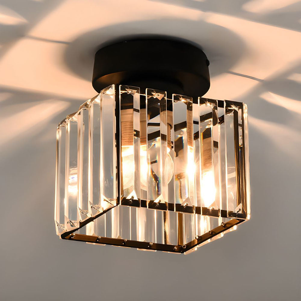 Kvadratisk Loftlampe i Messing med Krystalglas