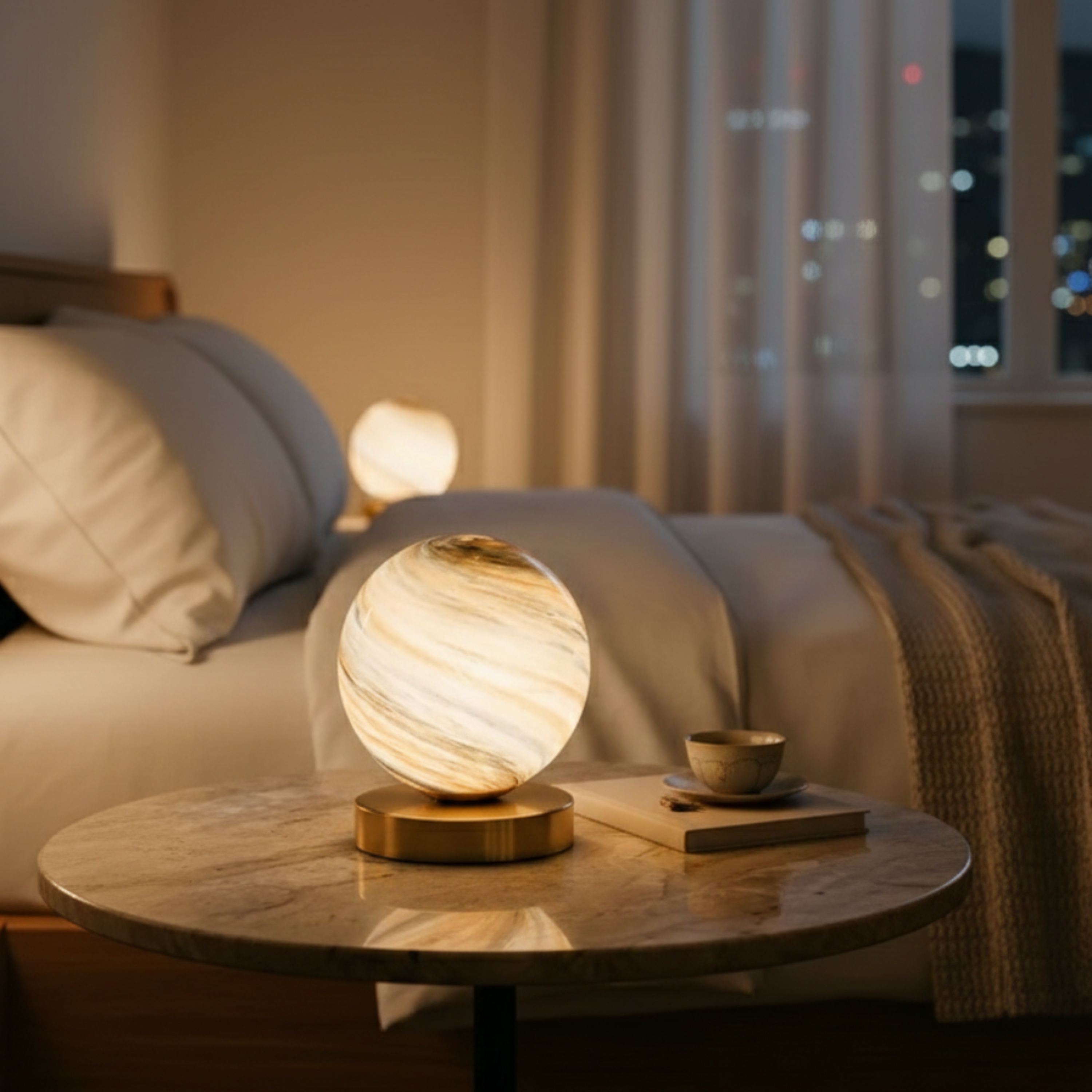 Kompakt Bordlampe i Glas med Roligt Lys og Stabil Form