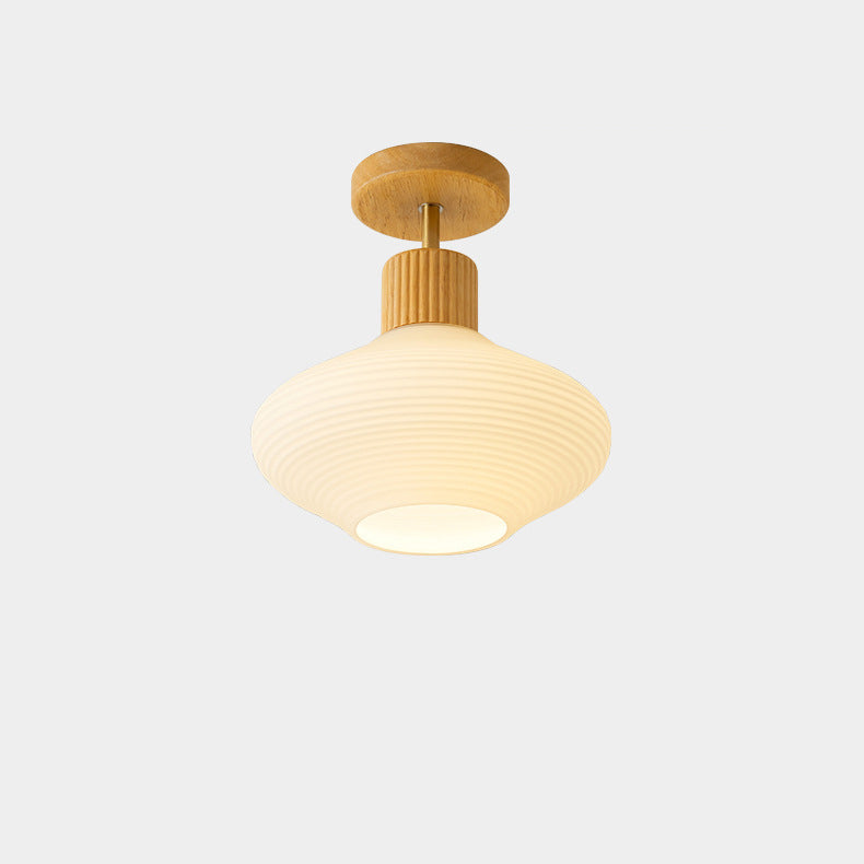 Træ‑Glas Loftlampe med Kompakt Semi‑Flush Form og Stabil Indendørs Placering