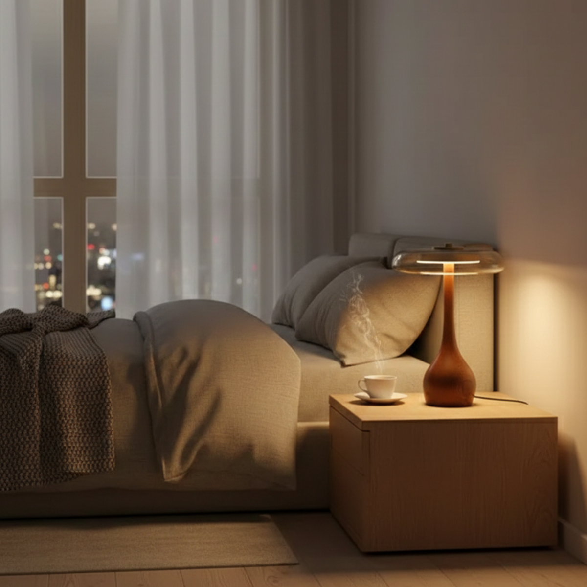 Bordlampe i Glas, Træ og Metal med Roligt Udtryk