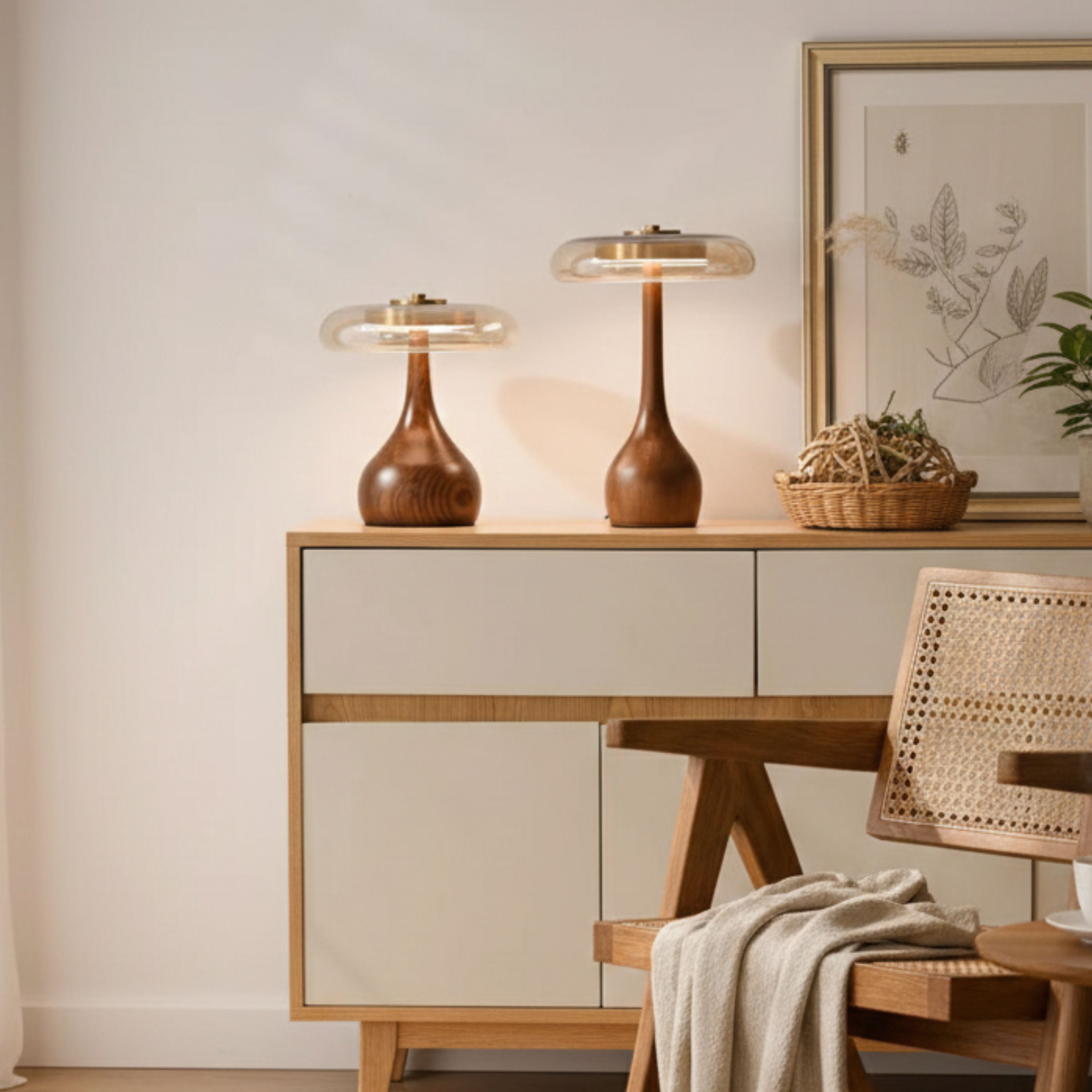 Bordlampe i Glas, Træ og Metal med Roligt Udtryk