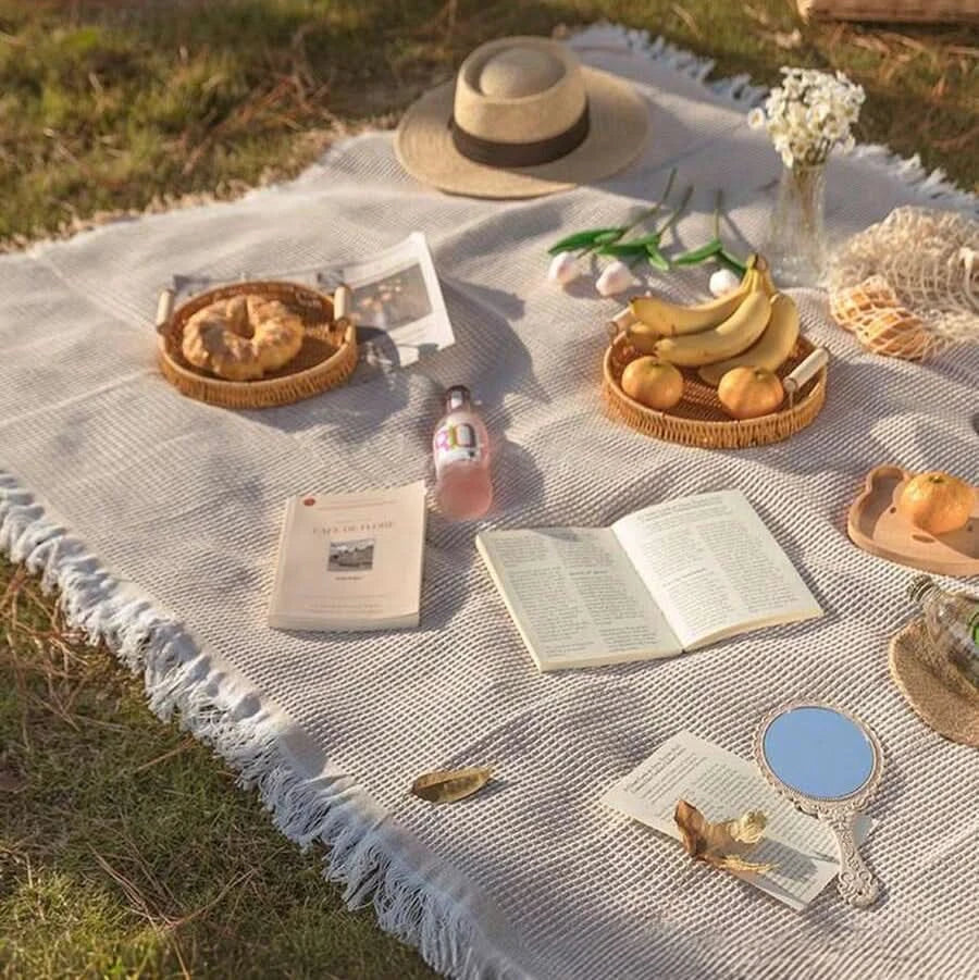 Let Vævet Udendørs Picnicmåtte med Ternet Mønster og Frynsekant til Rejsevenlig Komfort