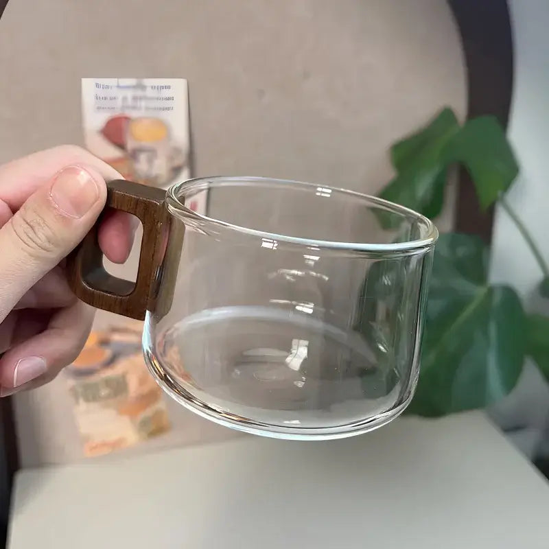 Glaskopsæt Med Valnøddetræ, Underkop Og Ske Til Kaffe Og Te