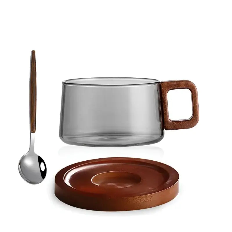 Glaskopsæt Med Valnøddetræ, Underkop Og Ske Til Kaffe Og Te