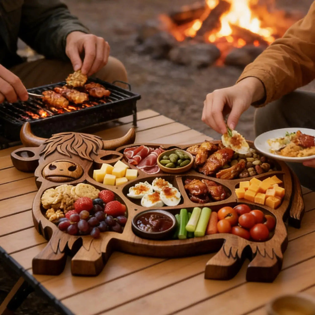 Serveringsbræt I Highlander Design Med Håndskåret Træudskæring Til Ost Og Tapas