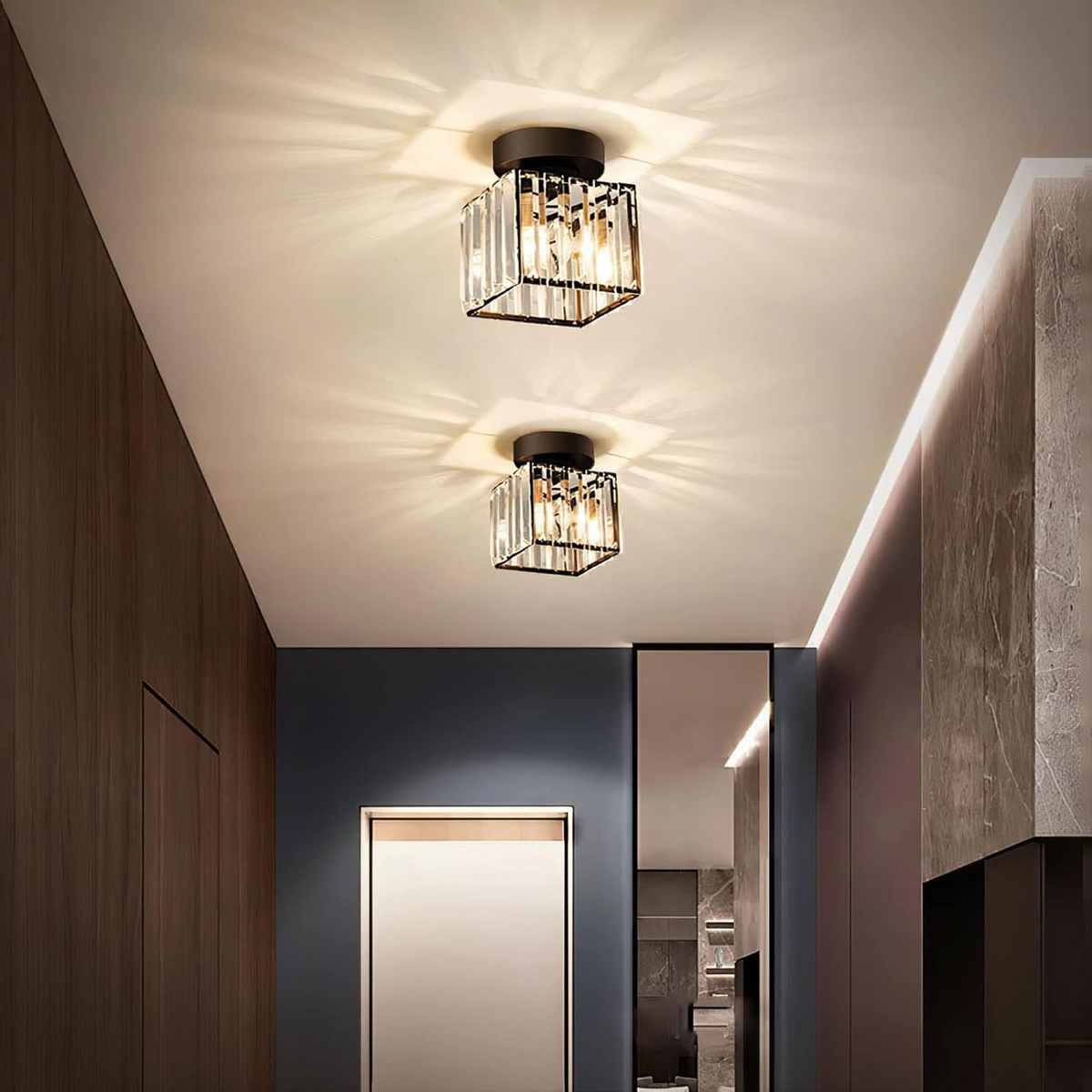 Kvadratisk Loftlampe i Messing med Krystalglas