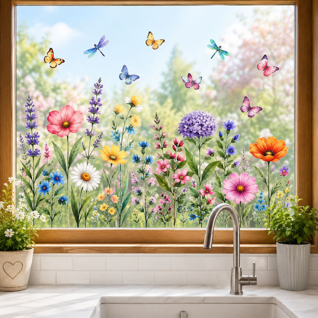 Vinduesdekoration med Blomstrende Motiv og Dobbeltsidet Print
