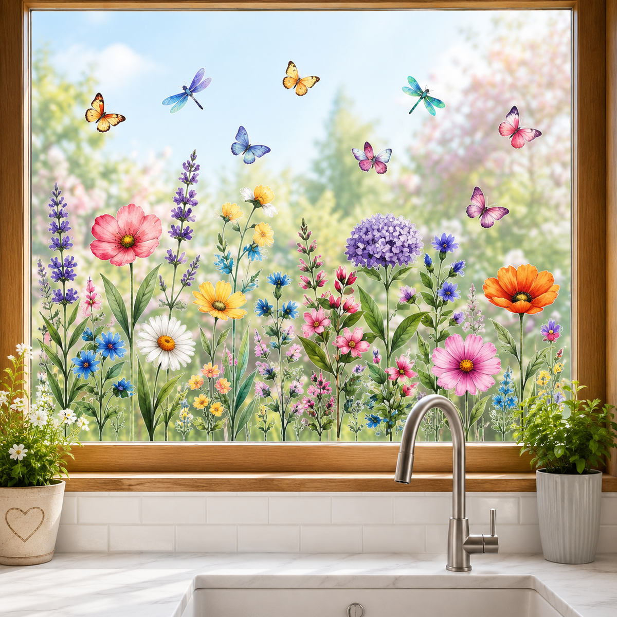 Vinduesdekoration med Blomstrende Motiv og Dobbeltsidet Print