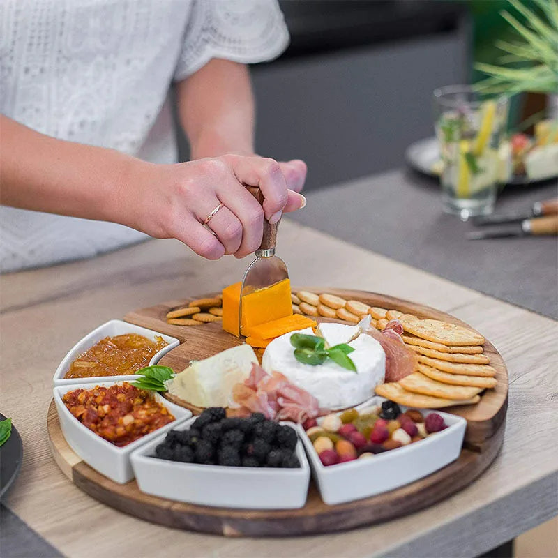 Serveringssæt Af Akacietræ Med Keramiske Skåle Og Stålknive