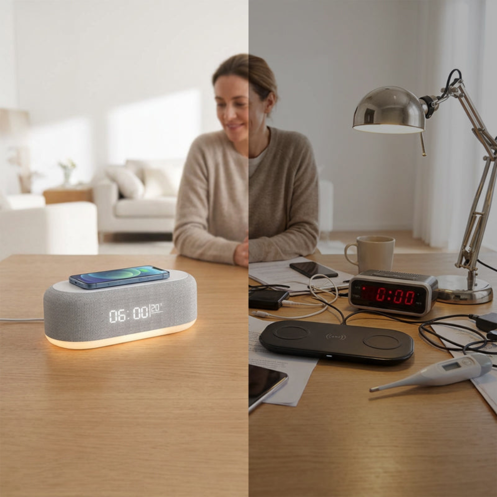 Multifunktionel Opladningsstation med Alarmur og Bluetooth
