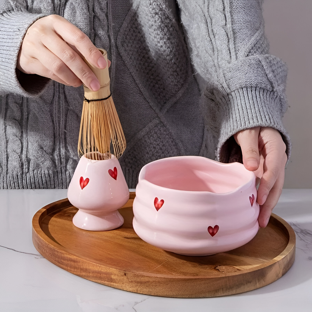 Matcha Sæt Med Hjertedesign Og Bambuspisker Til Traditionel Tebrygning