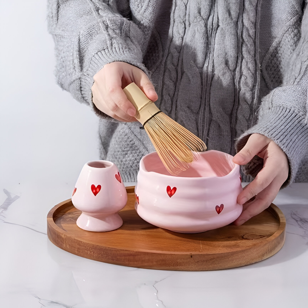 Matcha Sæt Med Hjertedesign Og Bambuspisker Til Traditionel Tebrygning