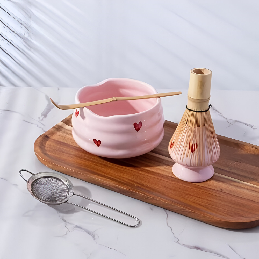 Matcha Sæt Med Hjertedesign Og Bambuspisker Til Traditionel Tebrygning