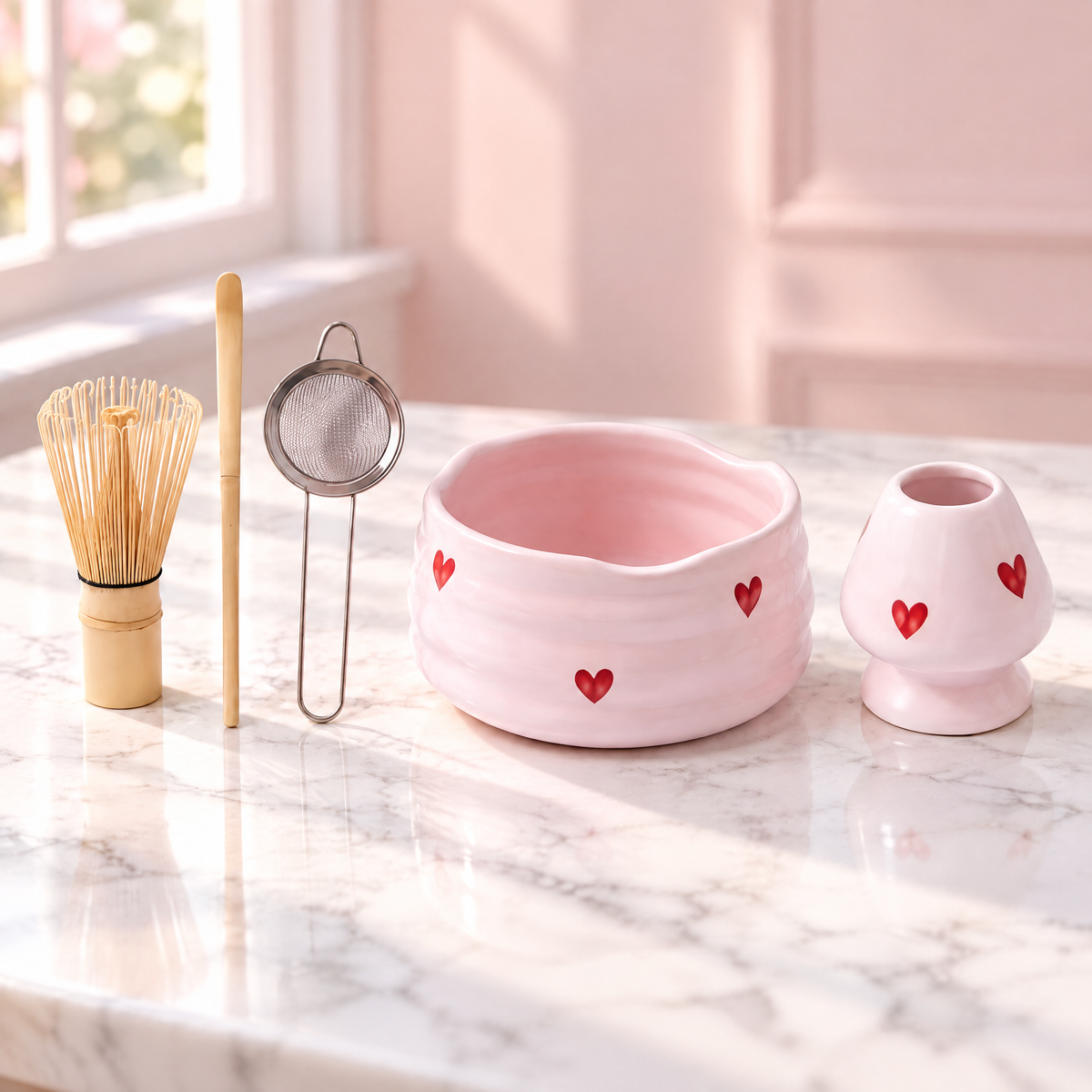 Matcha Sæt Med Hjertedesign Og Bambuspisker Til Traditionel Tebrygning