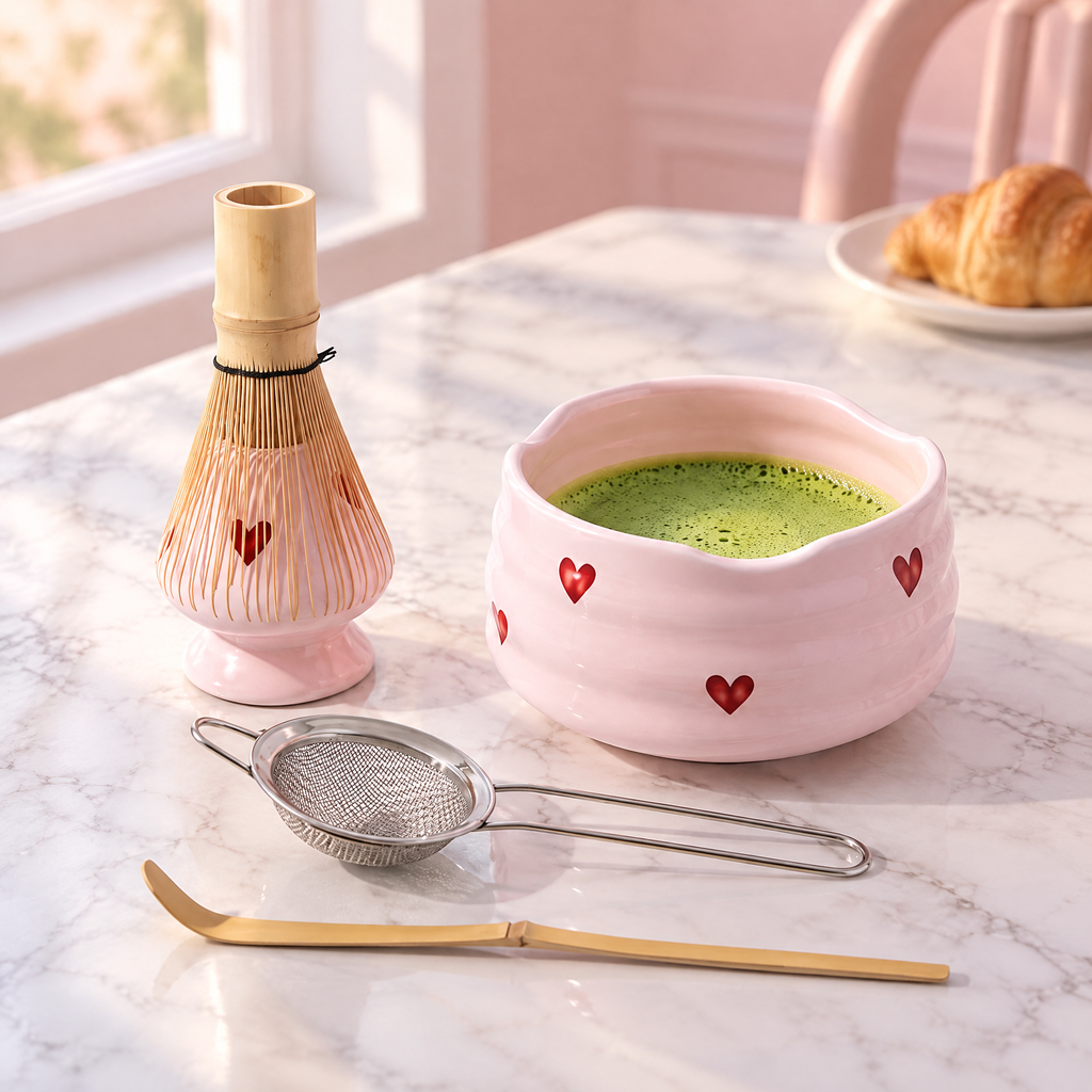Matcha Sæt Med Hjertedesign Og Bambuspisker Til Traditionel Tebrygning