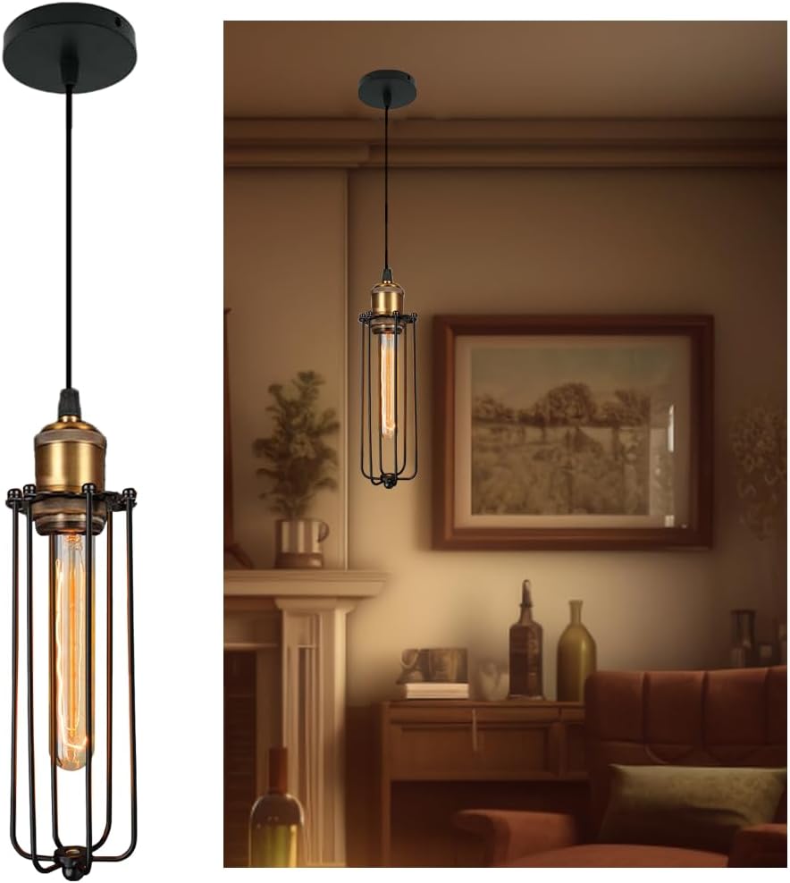 Industriel Pendellampe med Retro Gitterdesign og Varm Belysning