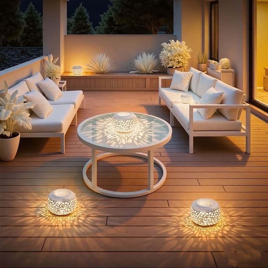Soldrevet Udendørs Bordlampe med Varmt Lys og Robust Jernkonstruktion