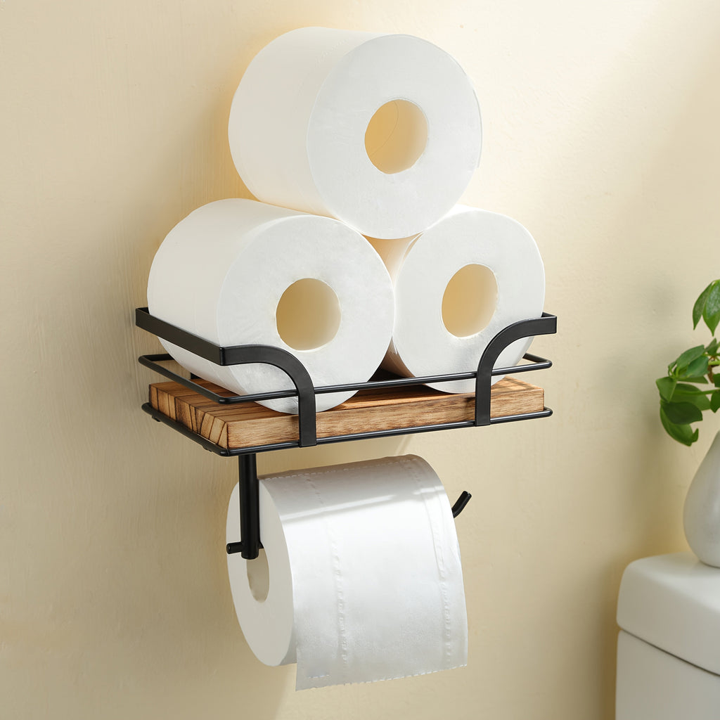 Toiletpapirholder Med Hylde I Træ Og Metal Til Badeværelset