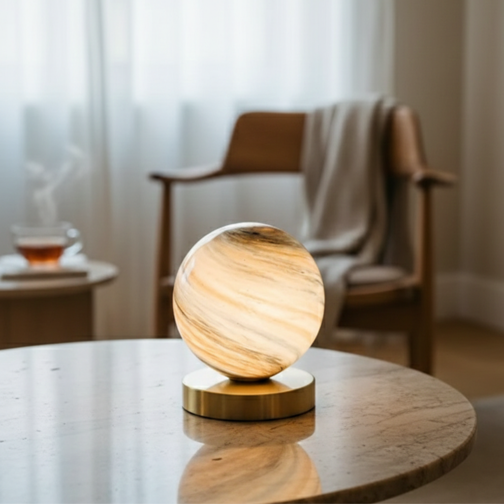 Kompakt Bordlampe i Glas med Roligt Lys og Stabil Form