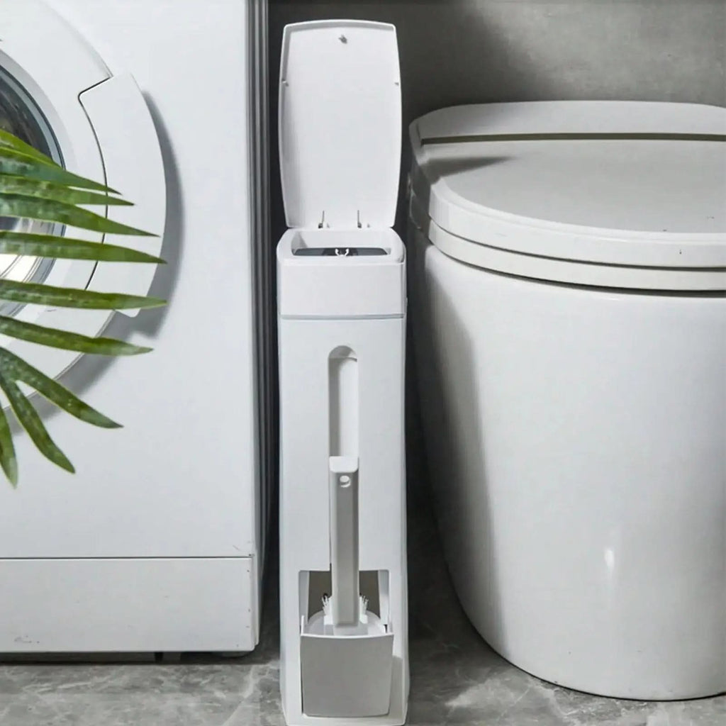 Slankt Badeværelsesaffaldsstativ med Integreret Toiletbørste og Pladsbesparende Konstruktion