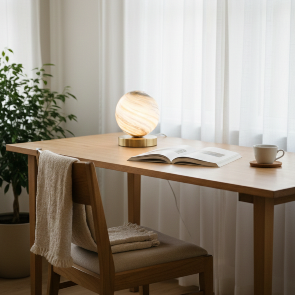 Kompakt Bordlampe i Glas med Roligt Lys og Stabil Form