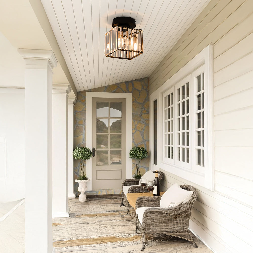 Kvadratisk Loftlampe i Messing med Krystalglas