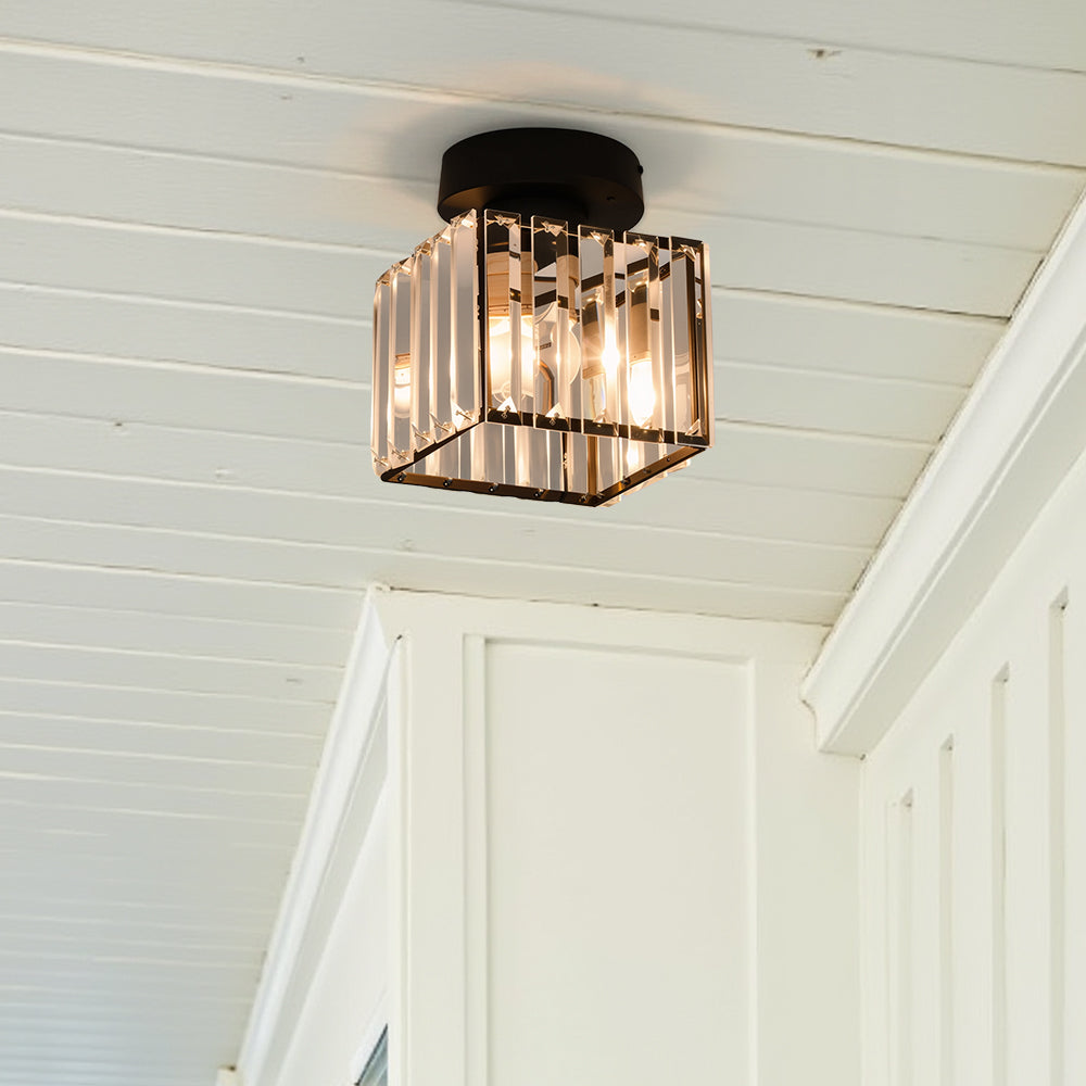 Kvadratisk Loftlampe i Messing med Krystalglas