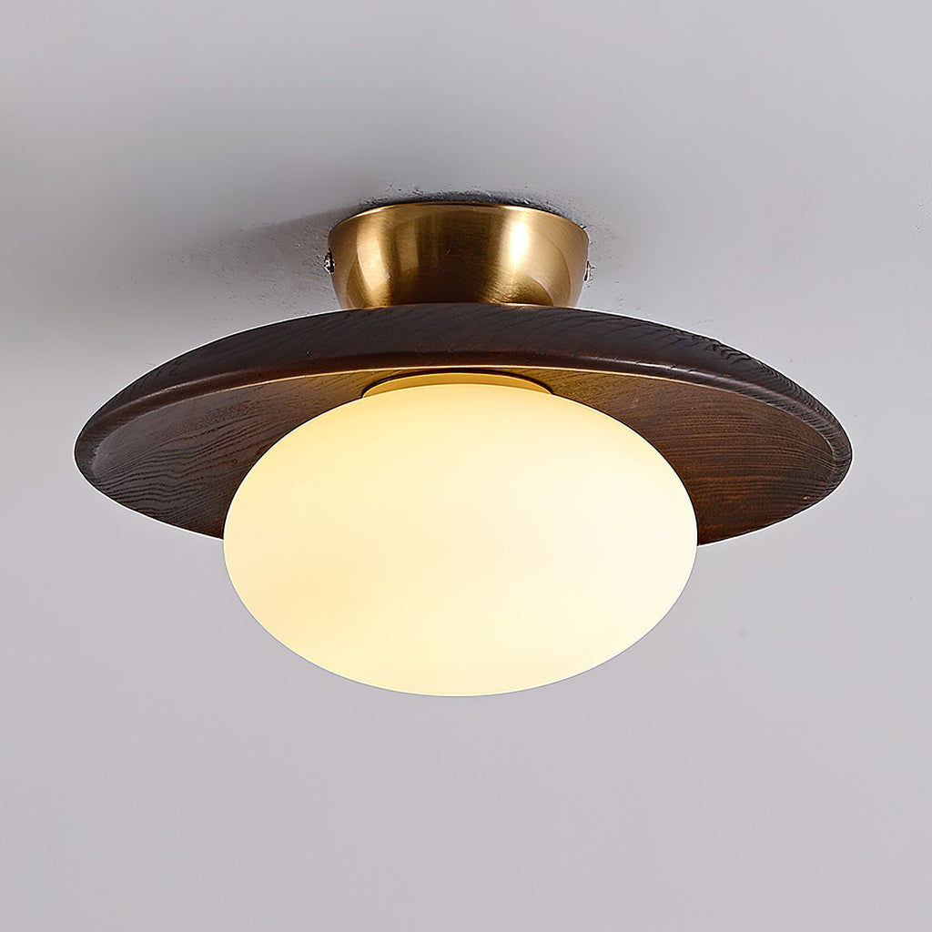 Loftlampe med Træbase og Mat Glas for Blød og Moderne Indendørs Belysning