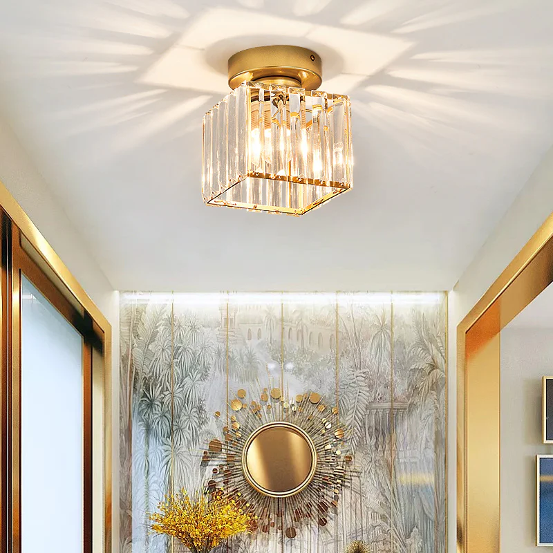 Kvadratisk Loftlampe i Messing med Krystalglas