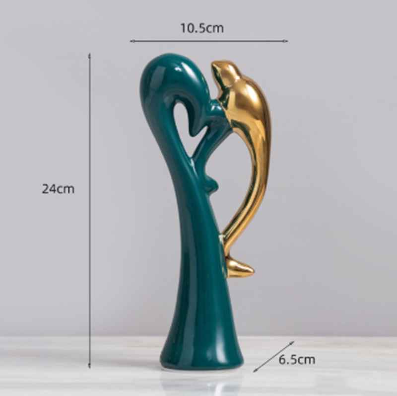 Elegante Keramiske Fuglefigurer i Guld og Smaragdgrøn