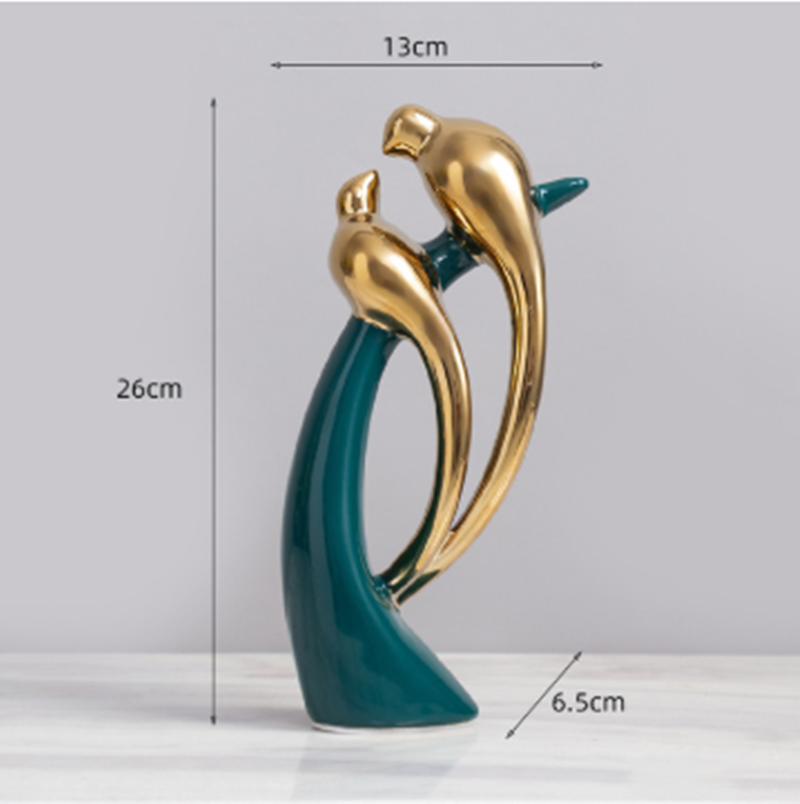 Elegante Keramiske Fuglefigurer i Guld og Smaragdgrøn