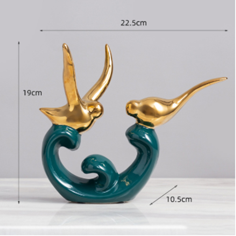 Elegante Keramiske Fuglefigurer i Guld og Smaragdgrøn
