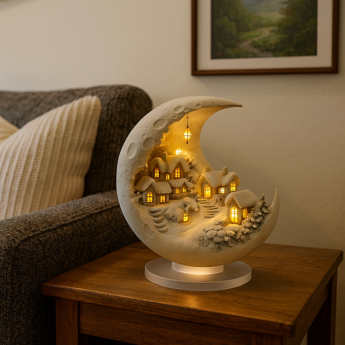 Acryl Vinterlandskab med Lysende Huse og Rolig Dekoration