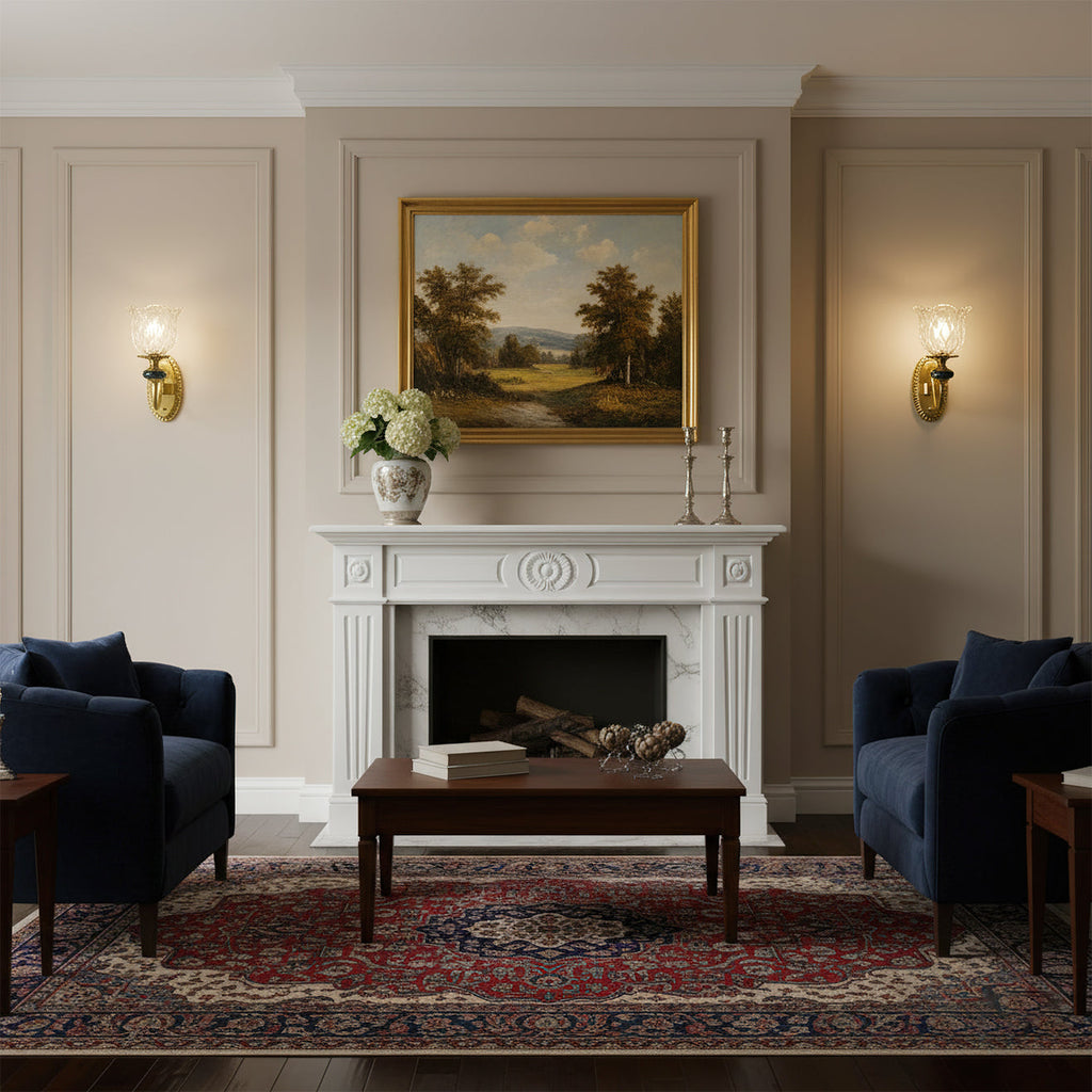 Dekorativ Væglampe med Buet Arm og Keramiske Detaljer for Klassisk og Elegant Indendørs Belysning
