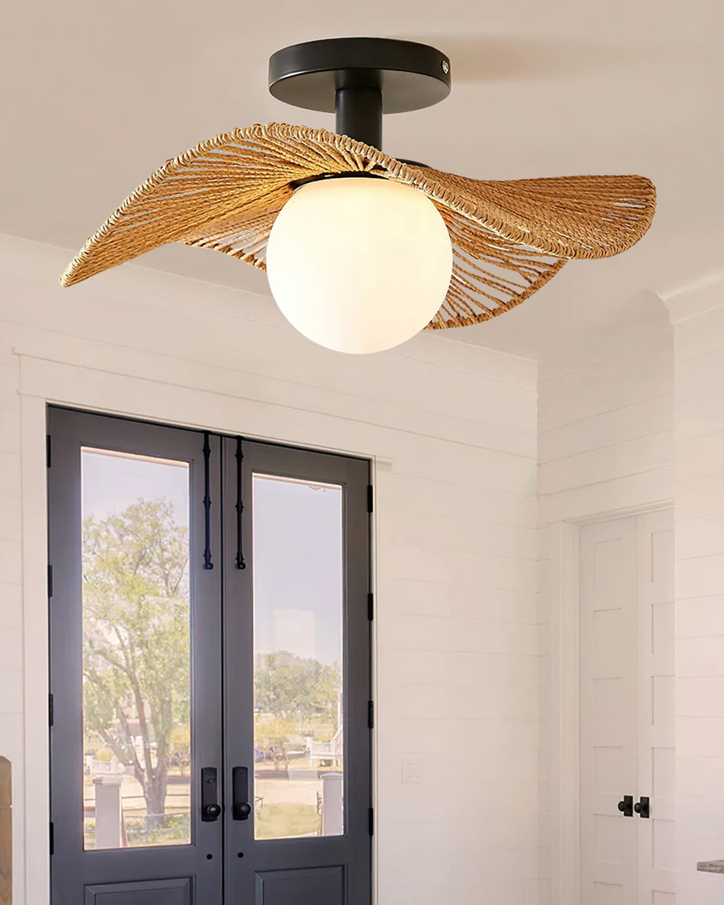 Loftlampe med Hampereb, Glas og Metal for Naturlig og Moderne Indendørs Belysning