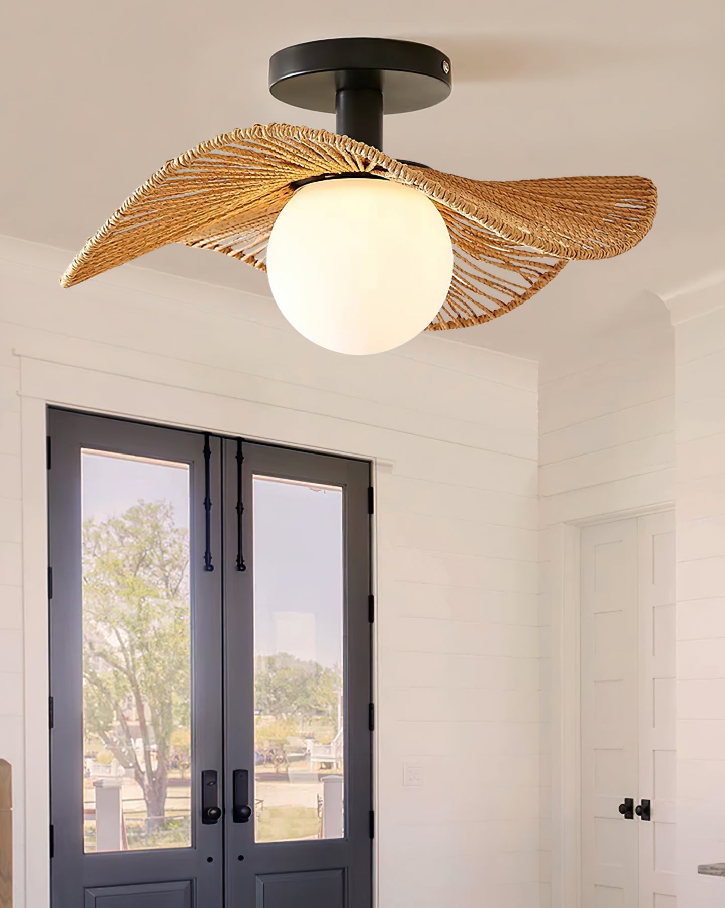 Loftlampe med Hampereb, Glas og Metal for Naturlig og Moderne Indendørs Belysning