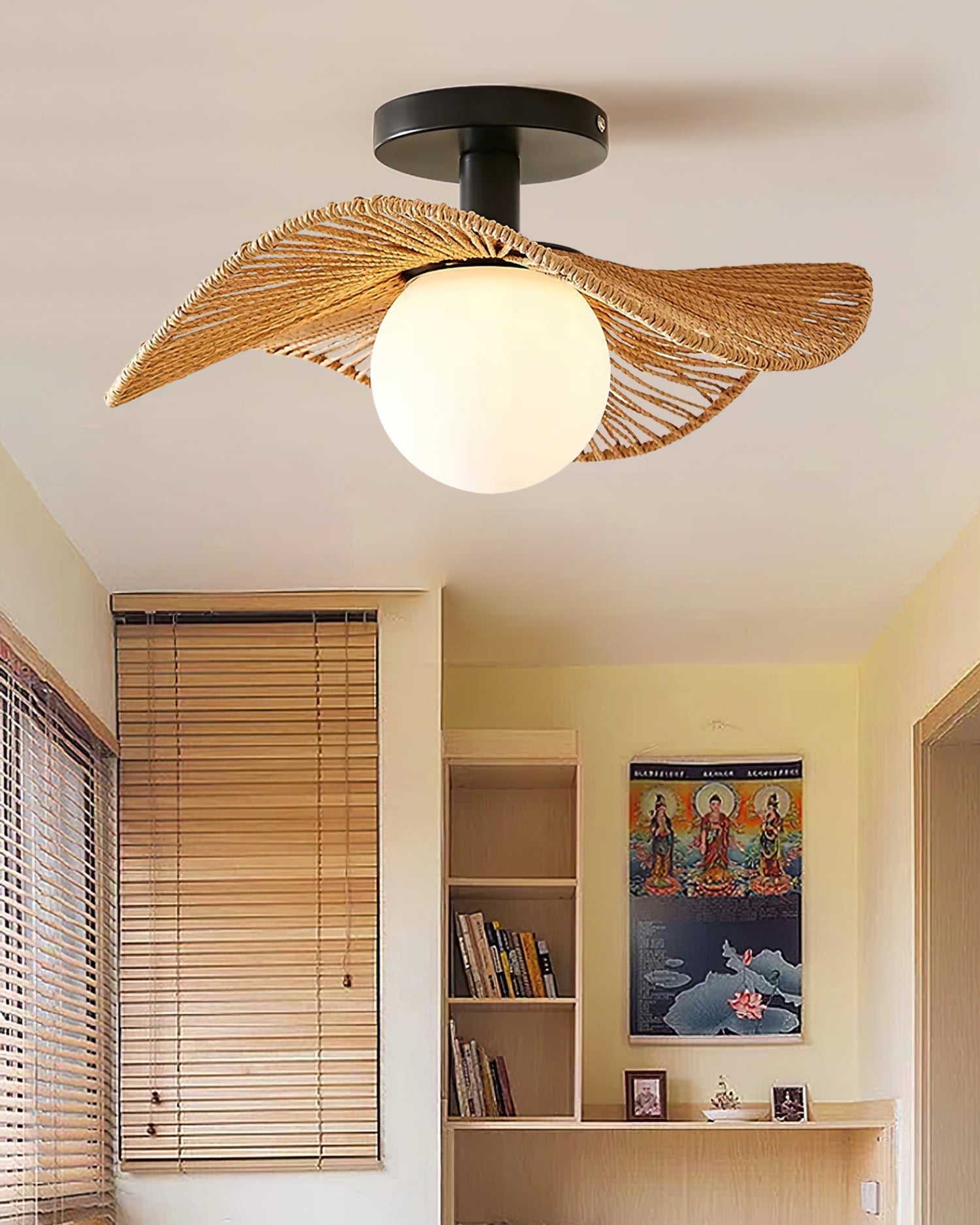 Loftlampe med Hampereb, Glas og Metal for Naturlig og Moderne Indendørs Belysning