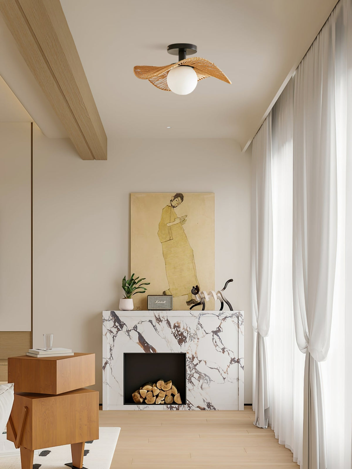 Loftlampe med Hampereb, Glas og Metal for Naturlig og Moderne Indendørs Belysning