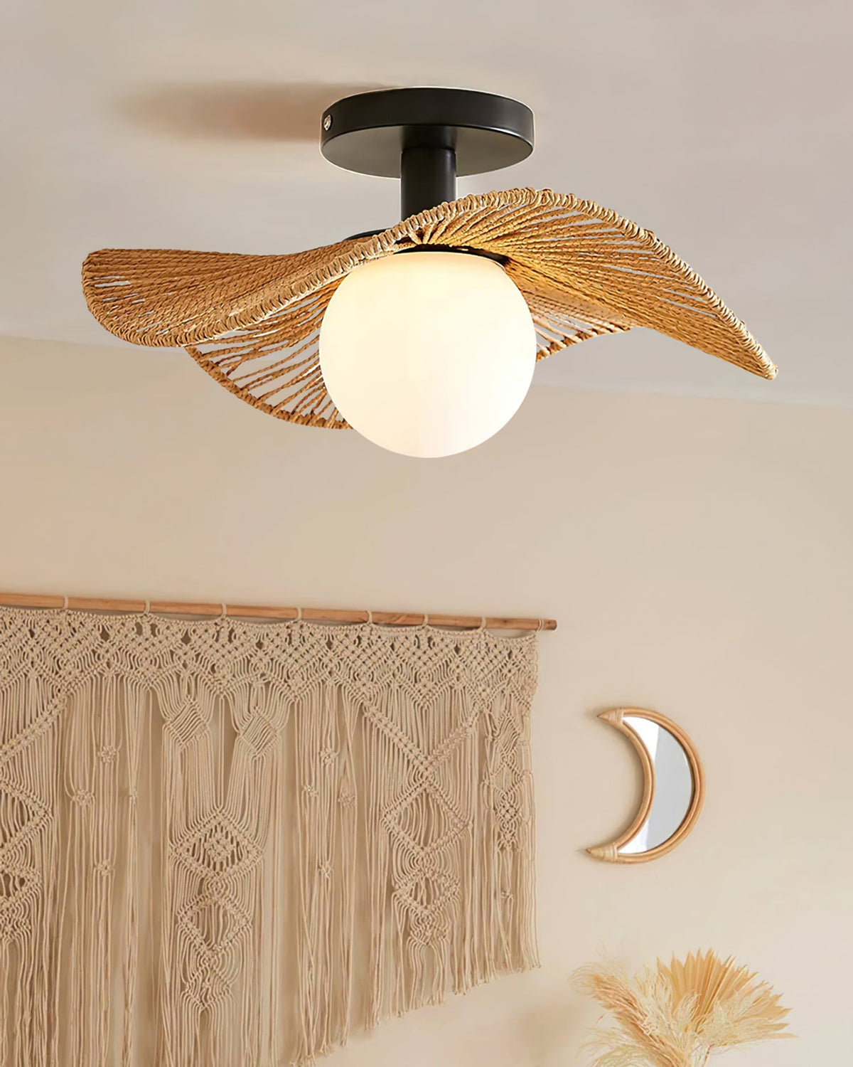 Loftlampe med Hampereb, Glas og Metal for Naturlig og Moderne Indendørs Belysning