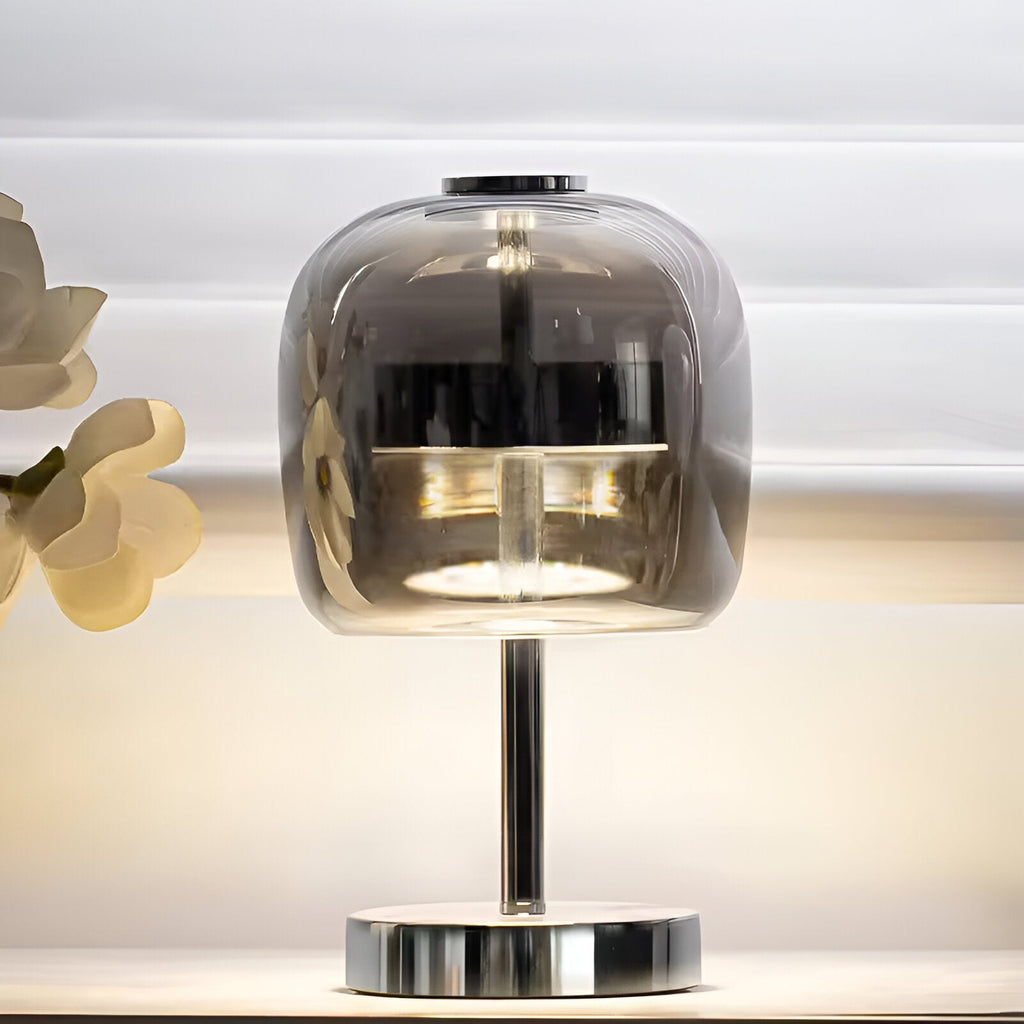 Bordlampe Med Røgfarvet Glas Og Dæmpbar LED-Belysning