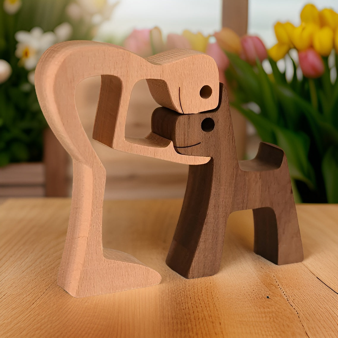 Træskulptur Med Hund Og Menneske Til Dekorativ Hyldest Til Venskab