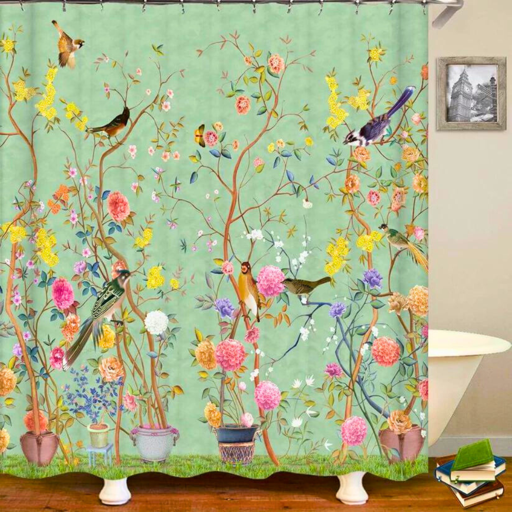 Skandinavisk Badeforhæng med Blomsterprint i Vintage Stil