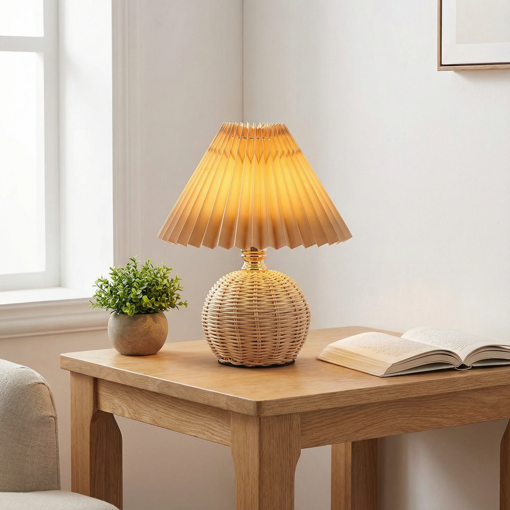 Bordlampe med Rattan Fod og Plisseret Stofskærm