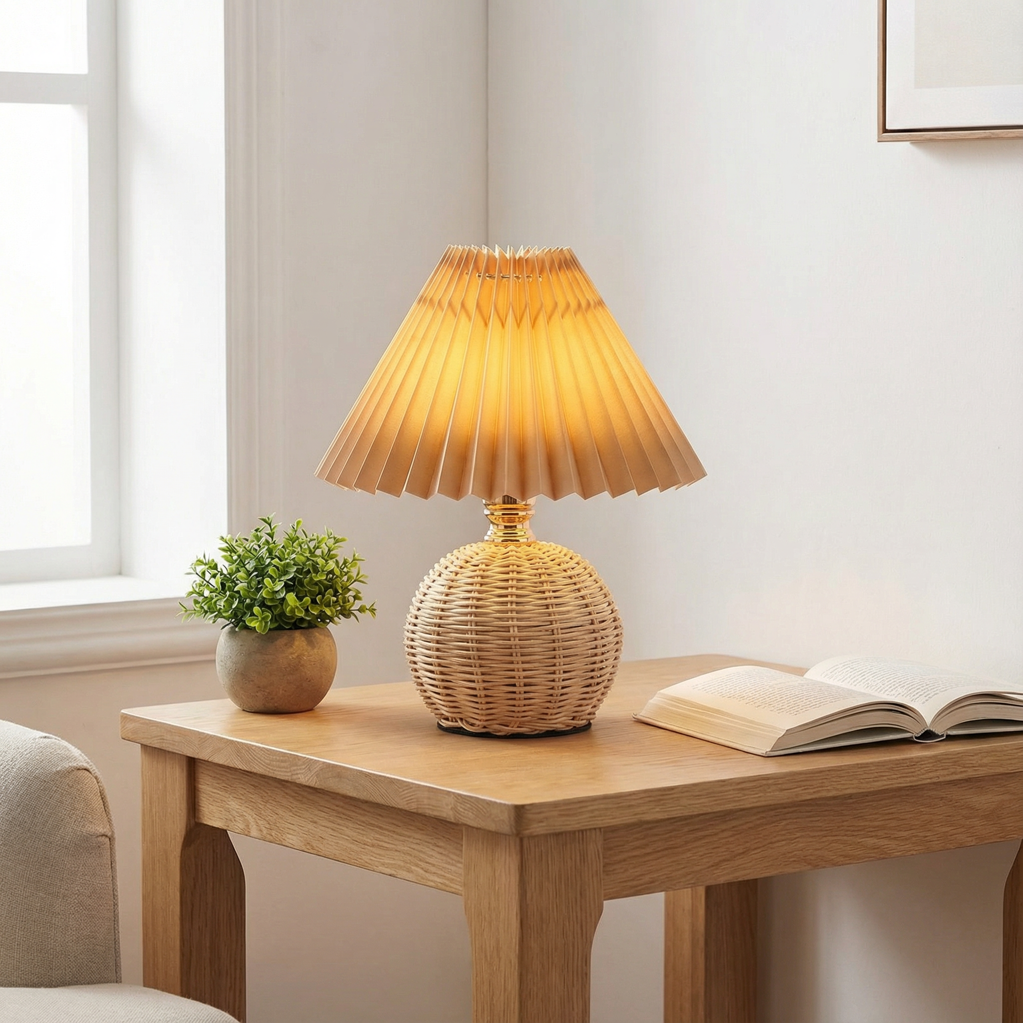 Bordlampe med Rattan Fod og Plisseret Stofskærm