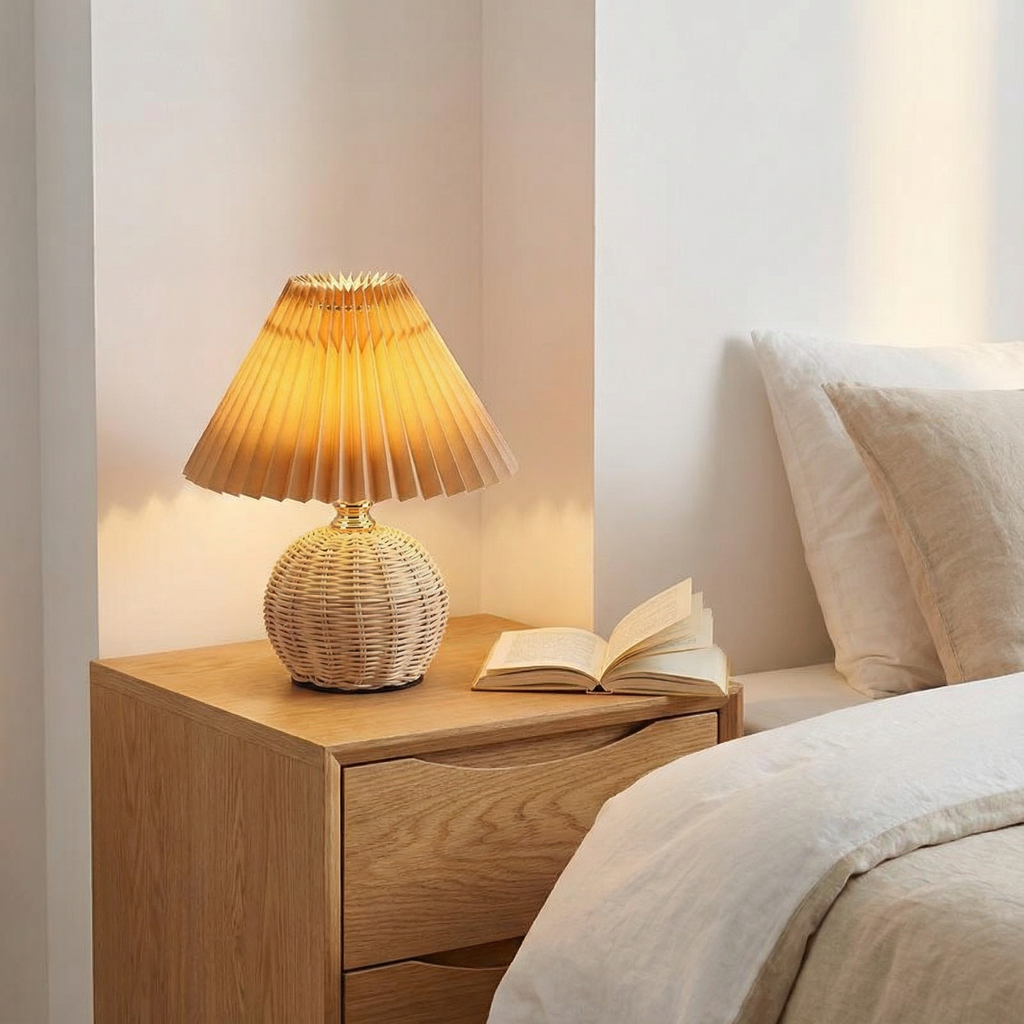 Bordlampe med Rattan Fod og Plisseret Stofskærm