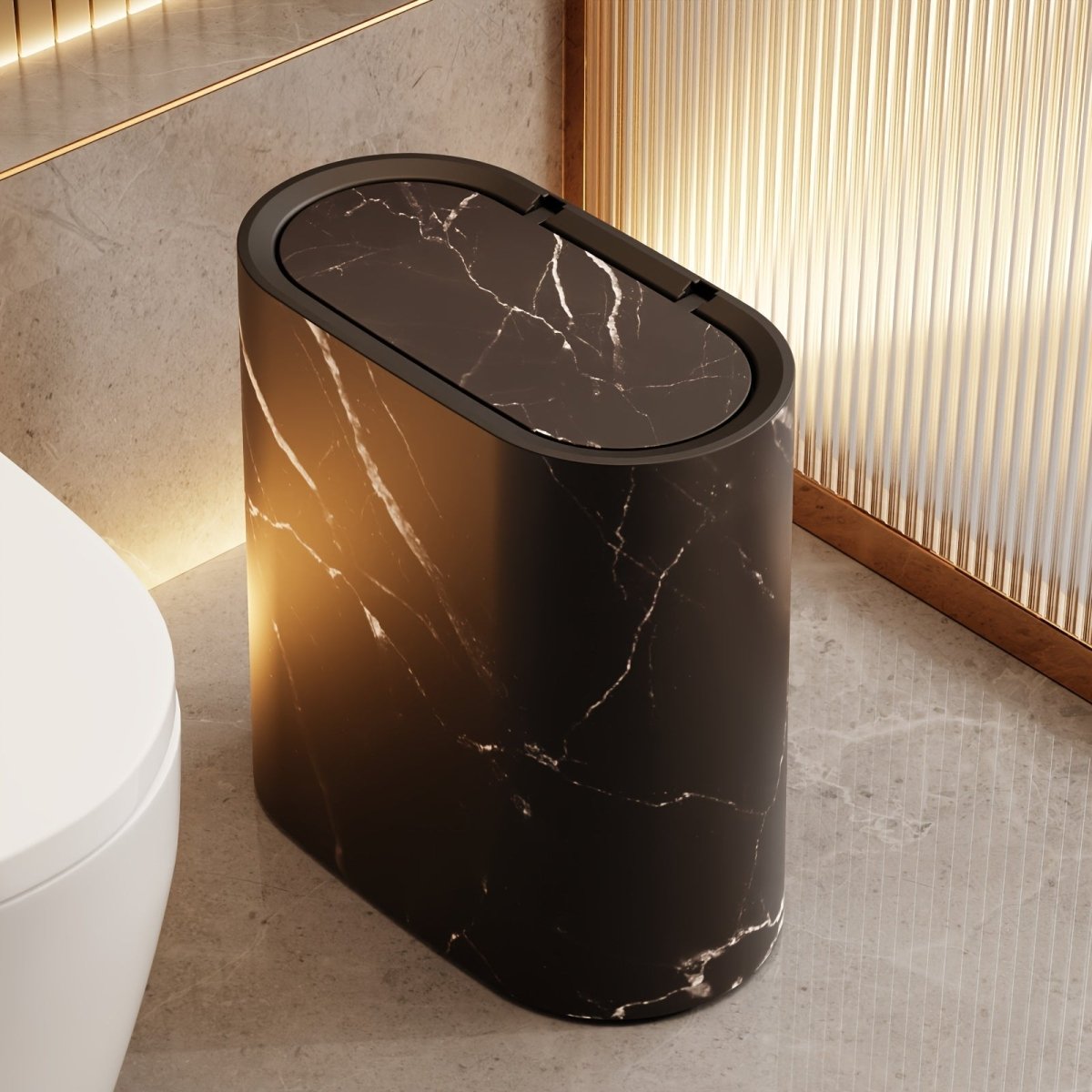 Affaldsboks Oval Plast Med Marmorlook Og Pladsbesparende Design
