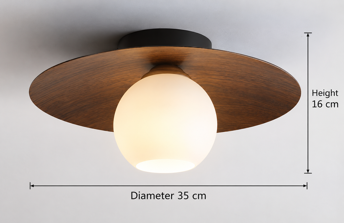 Loftlampe med Træbase og Mat Glas for Blød og Moderne Indendørs Belysning